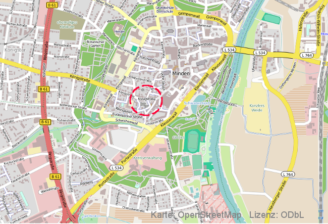 Pfarrhaus Königstrasse (roter Kreis) in der Mindener Innenstadt