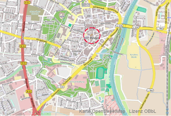 Die Martinitreppe (roter Kreis) in der Innenstadt von Minden